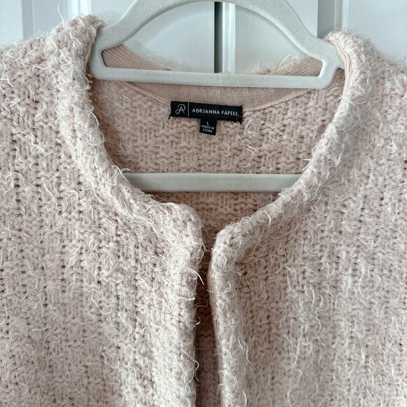 ADRIANNA PAPELL Blush Pink Open Front Clasp Fuzzy Knit Cardigan Sweater | Large - Picture 4 of 9